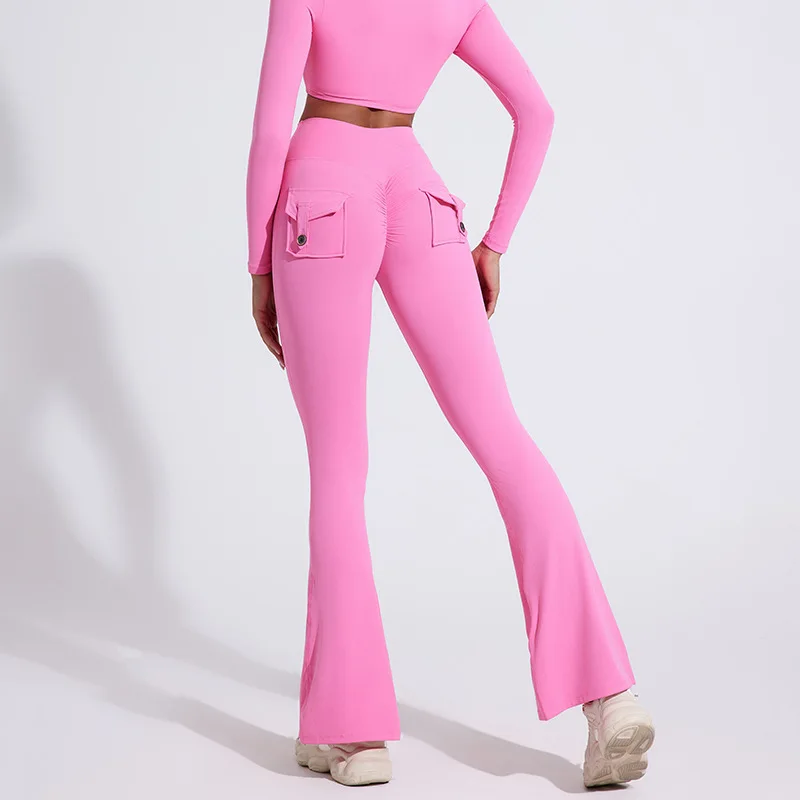 Workwear Pocket Pants, Women's Peach Bell Bottom Pants, Hip Lifting Sports Leggings, Fitness Pants, Micro Bell Bottom Pants