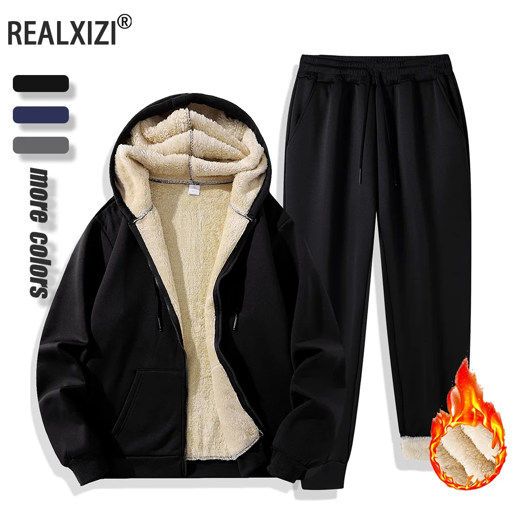 

Мужской комплект, зимние спортивные костюмы, плюшевые утолщенные теплые куртки с капюшоном, пальто + спортивные штаны, комплект из двух предметов, повседневная спортивная одежда на открытом воздухе