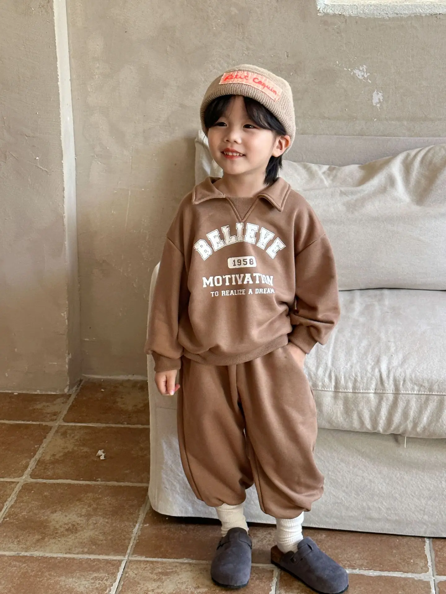 Autumn Mother Kids Clothes Boy Girl Letter Print Lapel Tops + Solid Pants 2pcs Children Cotton Sweatshirt Set Baby Hoodie Set