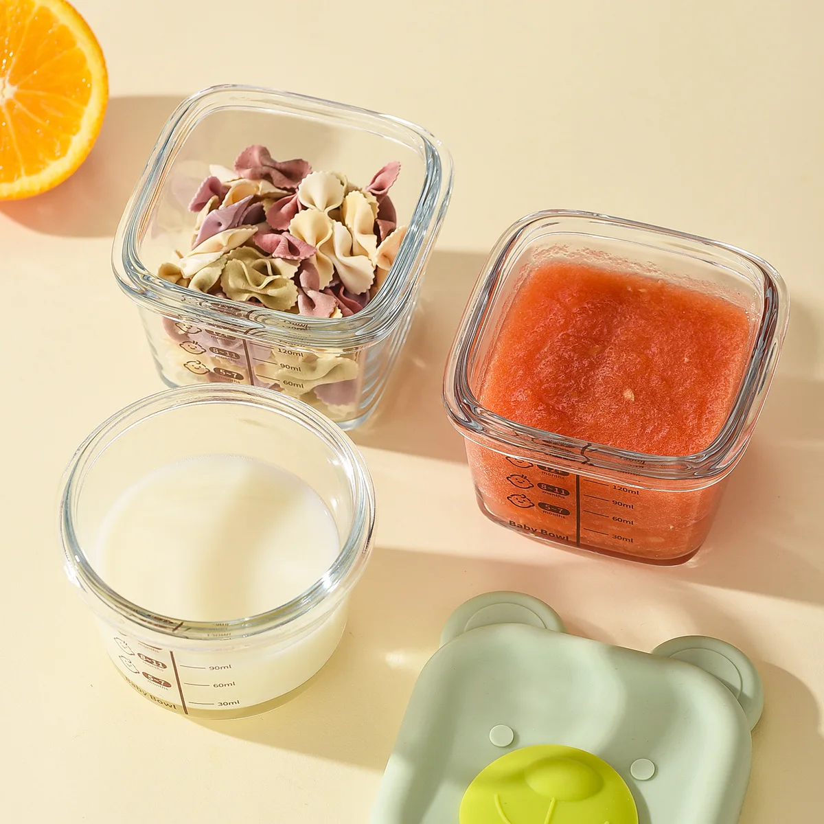 กล่องอาหารเสริมเด็กแก้วพร้อมชามแก้วขนาดเล็กพร้อมฝาปิดซิลิโคน LeakProof อาหารขนม Conatiner สดกล่อง