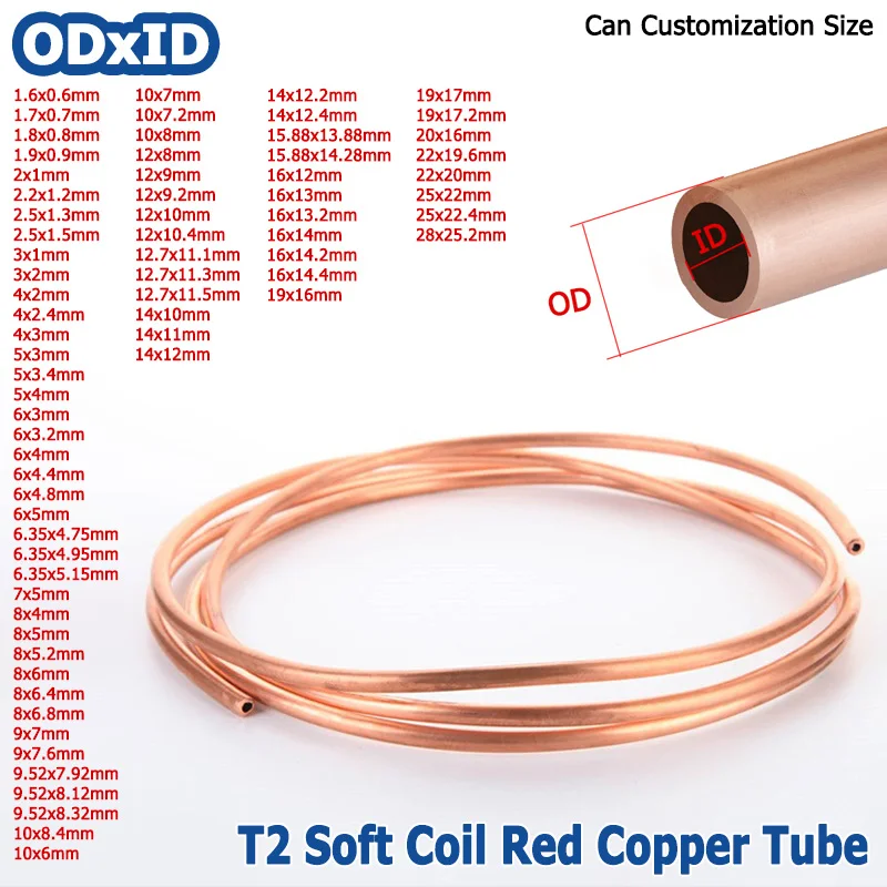 1M-5M OD1.6-28mm Soft Coil Copper Tube T2 Red Copper Tubing Airs Conditioning Refrigeration Capillary Wire Pipes 2/3/4/6/8/10/12