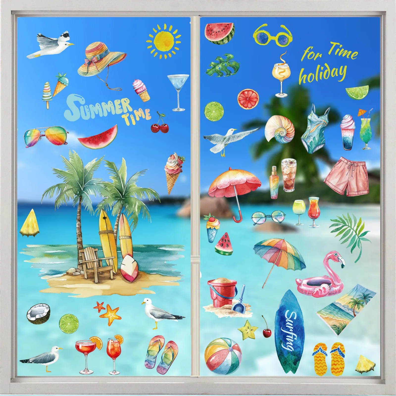 9pcs Hawaii Summer Theme Static Window Stickers Beach Fruit Coconut Tree Bikini Design for Decoration