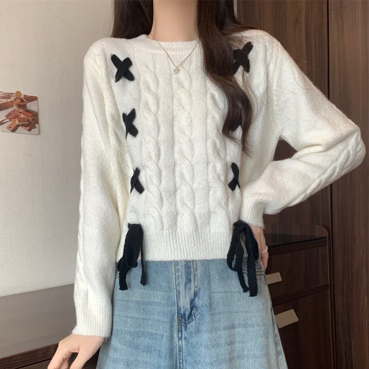 Short Strapping Round Neck Sweater for Women's New Lazy Style Fried Dough Twists Pullover Knitted Bottoming Shirt