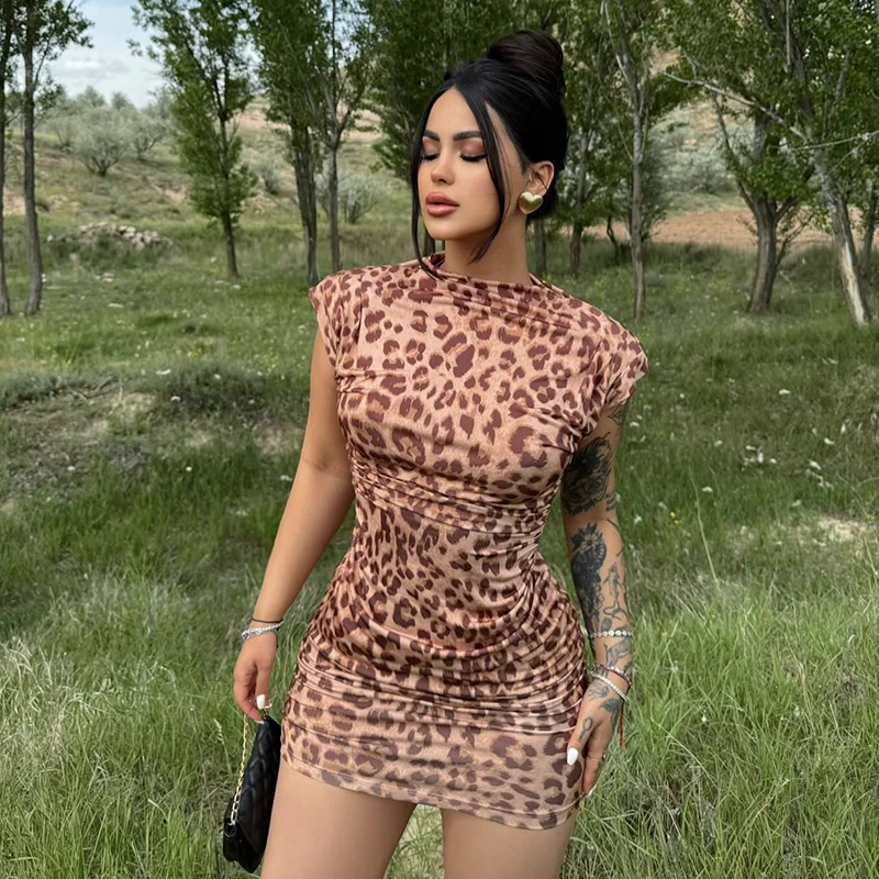 CUTENOVA Fashion Sleeveless Leopard Print Short Mini Dress 2024 Women Clothes Summer High Waist Tunics Folds Hip Holiday Beach