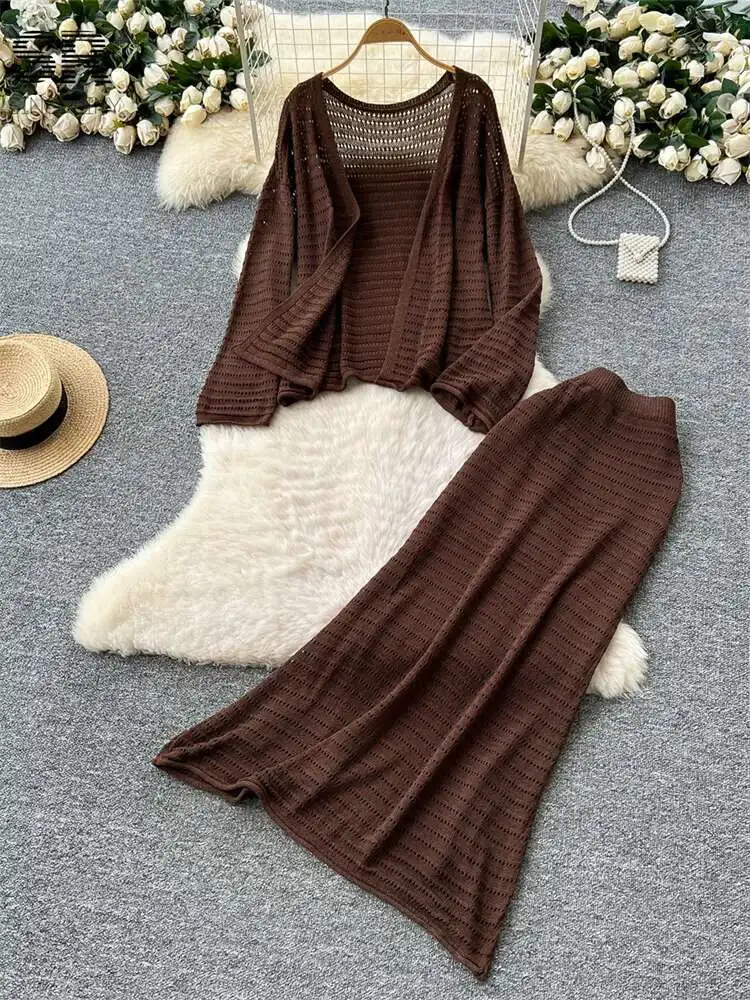 

BabYoung Crochet Hook Loose 2Pcs Suit Women Long Sleeve Cardigan+Elastic Waist Skirt High Quality Summer Casual Beach Knit Sets