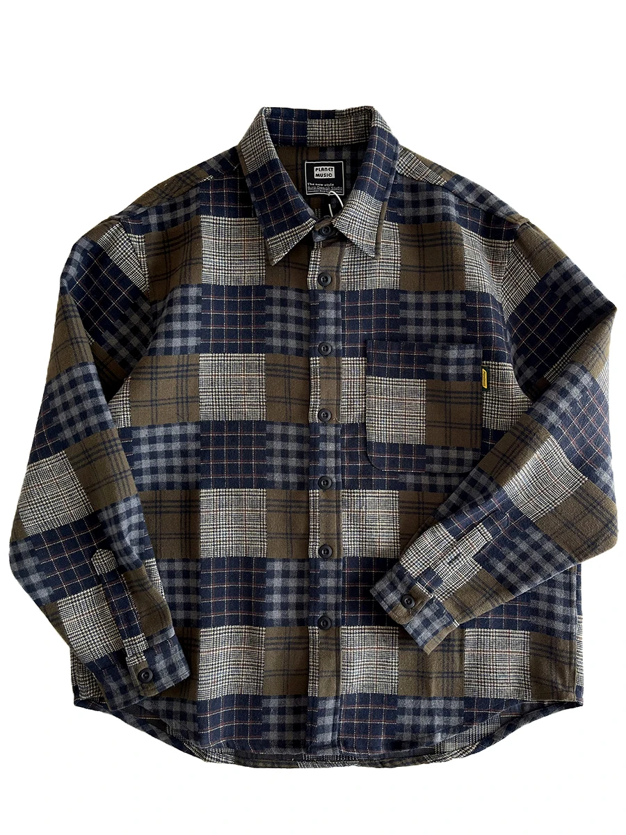 

Retro Plaid Loose Fit Thiened Patchwork Color Blo Cotton Polyester Blend Men's Spring Autumn irt Youth Trendy Wear Resi...