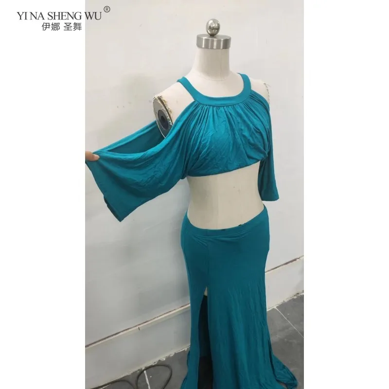 Traje de performance de dança do ventre feminino oriental modal manga morcego vestido dividido prática dancewear para dançarinos femininos roupa de palco