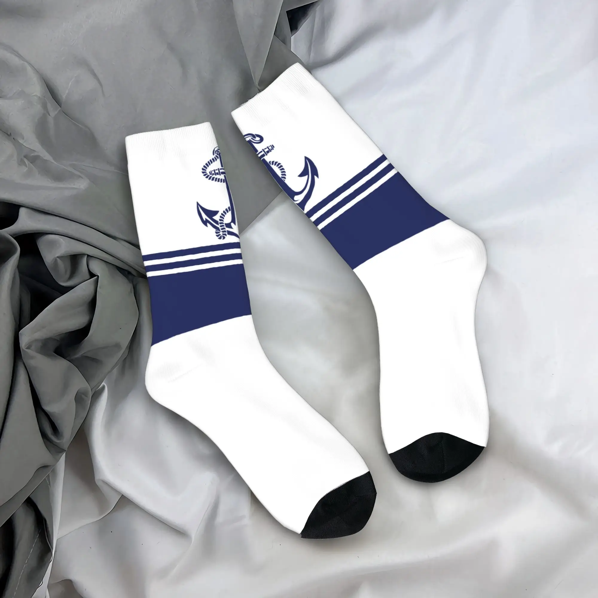 

Custom Kawaii Printing Navy Blue Stripes Nautical Anchor 5 Socks for Women Men Stretch Summer Autumn Winter Crew Socks