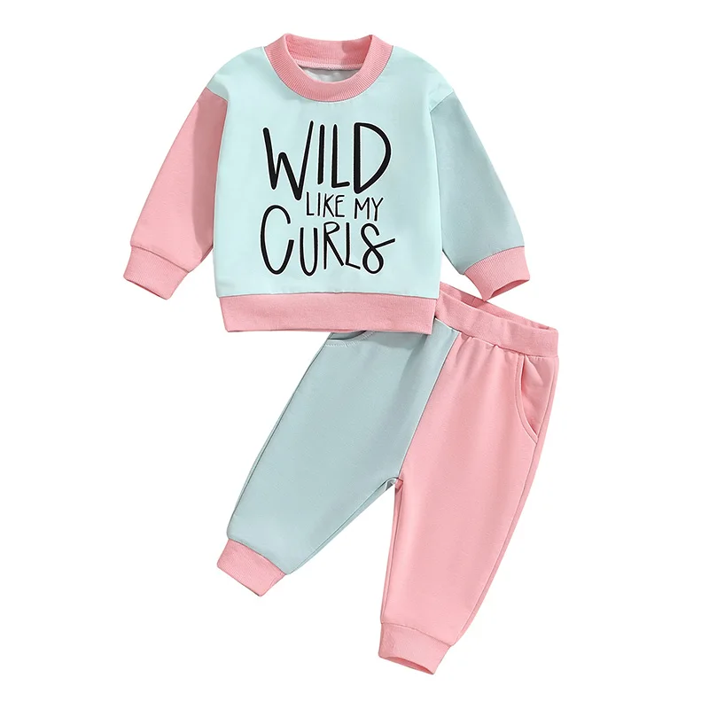 

Little Girl Contrast Color Outfit Letter Print Mock Neck Long Sleeve Sweatshirt Elastic Waist Pants 2 Piece Fall Set