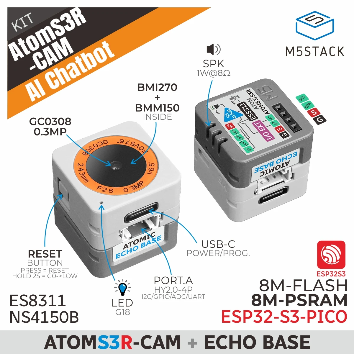 M5Stack AtomS3R-CAM AI Chatbot AI Visual Voice Assistant Kit