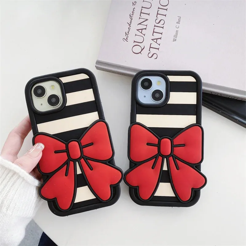 

Black border striped red bow phone case for iPhone 11 12 13 14 15 16 promax