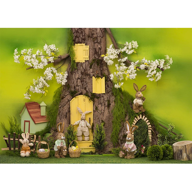 บ้านต้นไม้ในป่าอีสเตอร์ตุ๊กตารถบัสกระต่ายฉากหลังถ่ายภาพพื้นหลังสำหรับไปปิกนิกดอกไม้พื้นหลังสำหรับถ่ายภาพบุคคลในสตูดิโอถ่ายภาพ