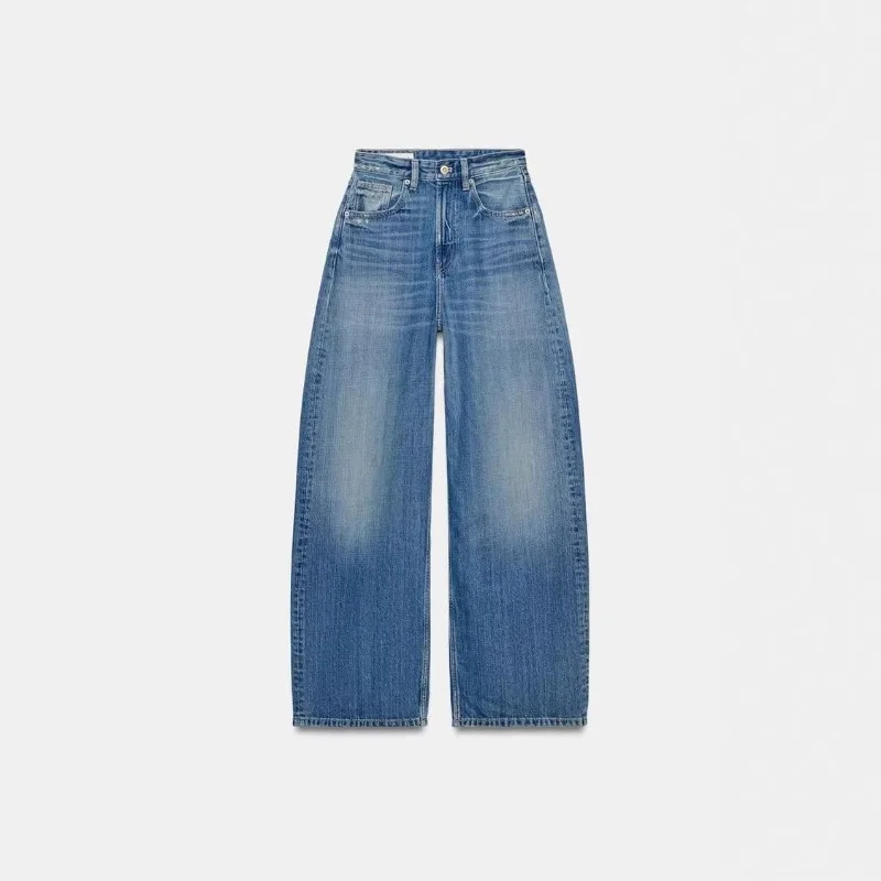 Deeptown Baggy Women Blue Jeans Vintage Casual PU Leather Brown Patchwork Straight Denim Trousers Classic Basic Chic Female Jean