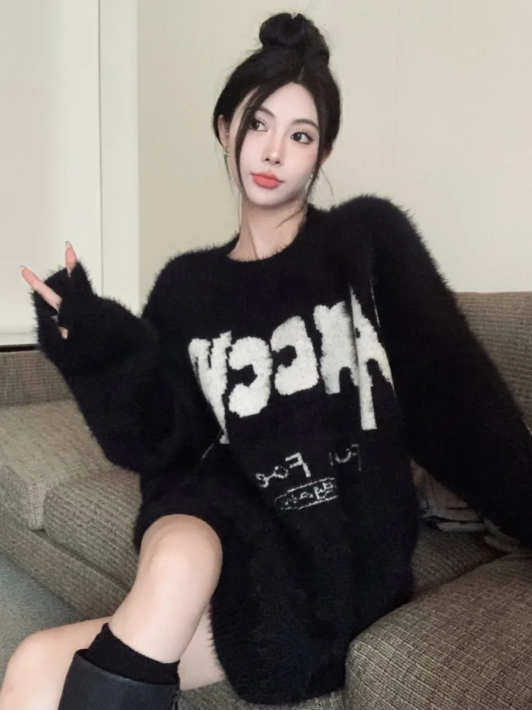 Korobov Imitation Mink Fur Sweater Coat Female Autumn Winter Womens Clothing White American Pullovers Vintage Harajuku Y2k Top