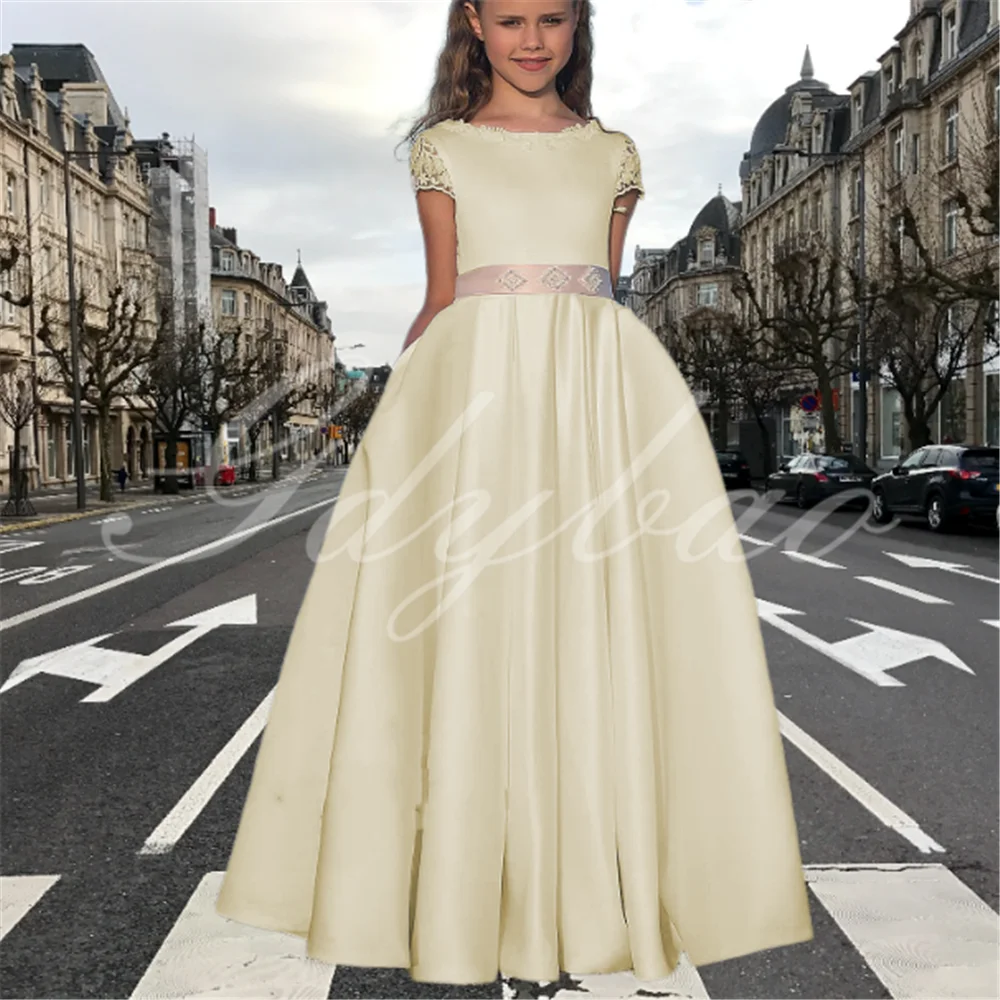 Champagne Satin manica corta Flower Girl Dress Floor-length Cap Sleeve Girls Wedding Pageant Kids Birthday Evening Dresses