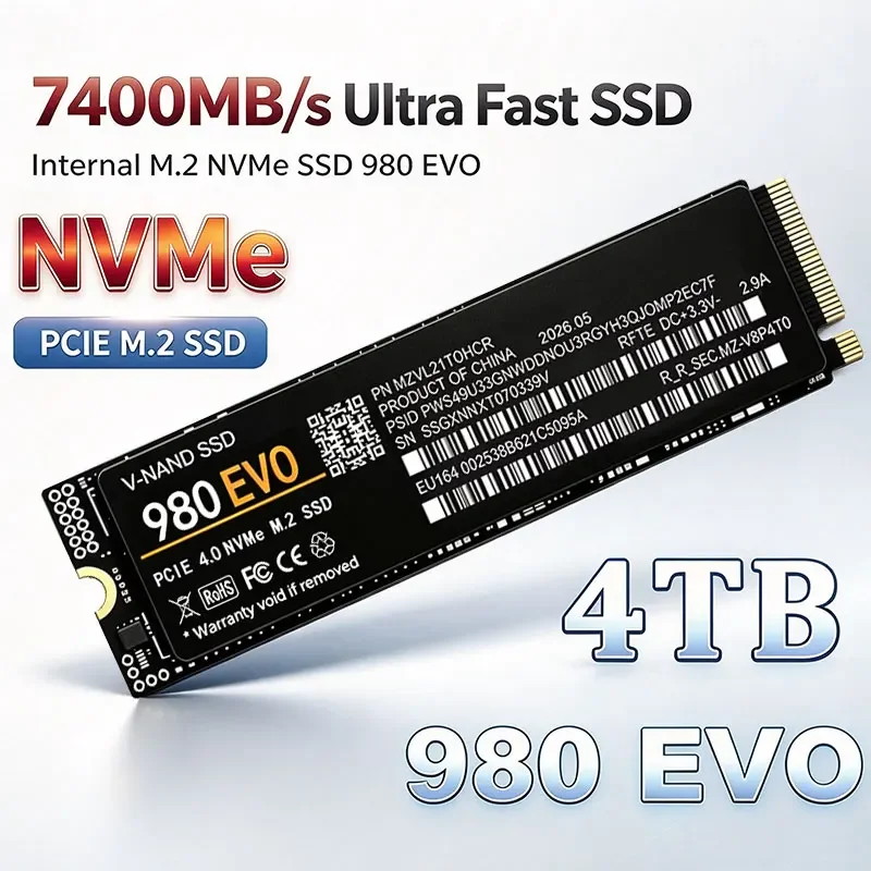 SSD M2 2280 NVMe 500GB 4TB 980 EVO IPCIe4.0 X4 7400MB/s, unidade de estado sólido interna, disco rígido para PS5, portátil para jogos e computador.