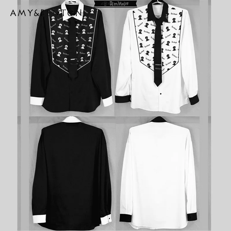 Japanese Style Harajuku Black and White Mine Cartoon Print Tie Long-sleeved Lolita Shirt Subculture Goth Oversized Blouse Women