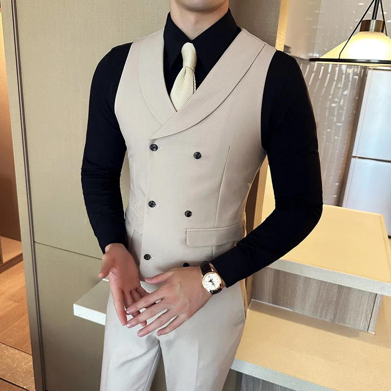 Autumn Double Breasted Suit Vest Men\'s High Quality Slim Casual Business Formal Sleeveless Vest Wedding Groom Banquet Waistcoat