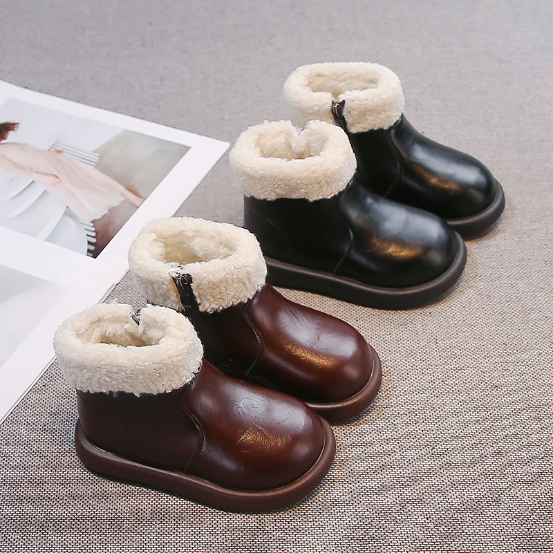Toddler Little Girls Plush Faux Fur Trim Ankle Boots Back Zipper Non-Slip Thick Soft Sole for Winter Autumn Outdoor Daily Wear