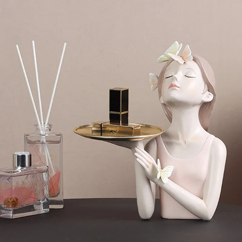 Enchanting Butterfly Adorned Girl Decorative Statue with Golden Metal Tray - Carrying Ornament for Home & Vanity Display,Pink