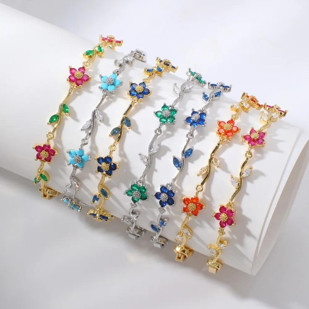 Stainless Steel Stackable Bracelets Shiny Rhinestone Multiple Color Cubic Zirconia Bracelets Leaves Flower Bracelet Women