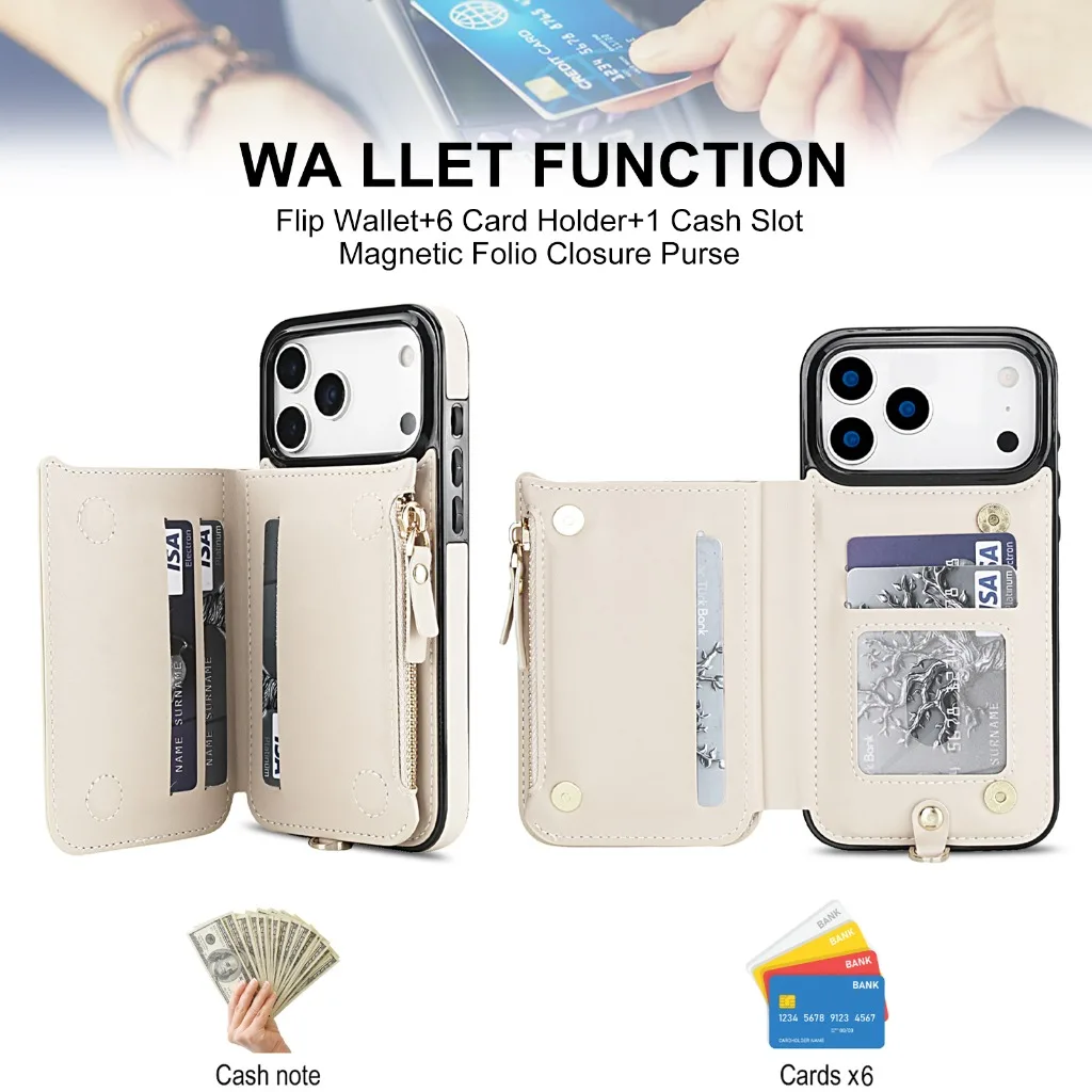Crossbody Leather Wallet Phone Case For iPhone 17 Pro Max Air 17e 16e 15 14 Plus 13 12 Mini 11 Card Holder Wrist Strap Cover - view 6