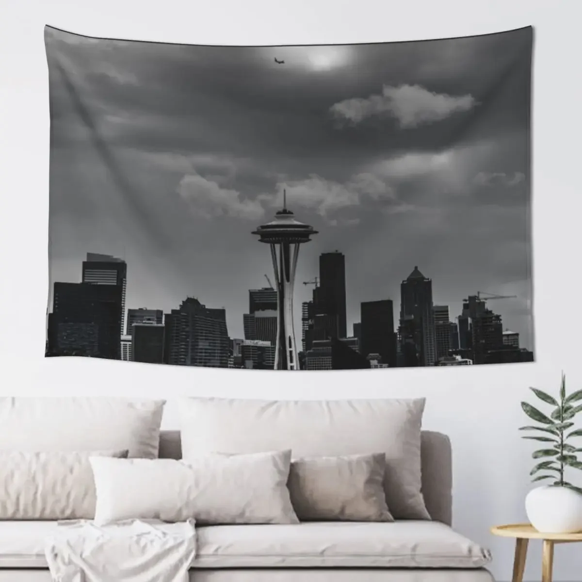 Plane over the Space Needle - Seattle B&W Tapestry Decoration Aesthetic Korean Room Decor Decor For Room Bedroom Decor Tapestry