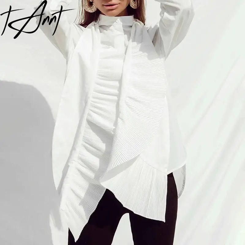 Tannt Women Blouse Cotton White black Shirt Irregular Pleated Shirts Long Sleeve Loose Ladies Tops Fashion Long Shirt Spring
