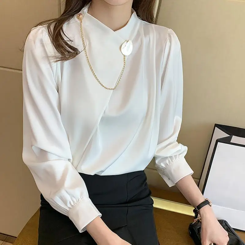 Women Clothing Fashion White Irregular Blouse Spring Autumn New Long Sleeve Solid Color Loose Office Shirt Tops Fashion Elegant