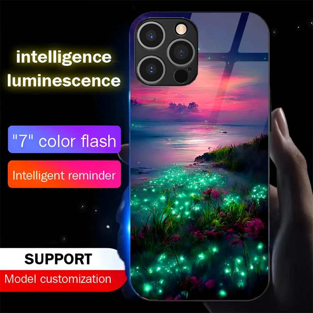

2026 Pretty Galaxy Beach Sound Control LED Flash Cases Luminous Glass Cover For iPhone Air 17 16 E 15 14 13 12 11 Pro Max