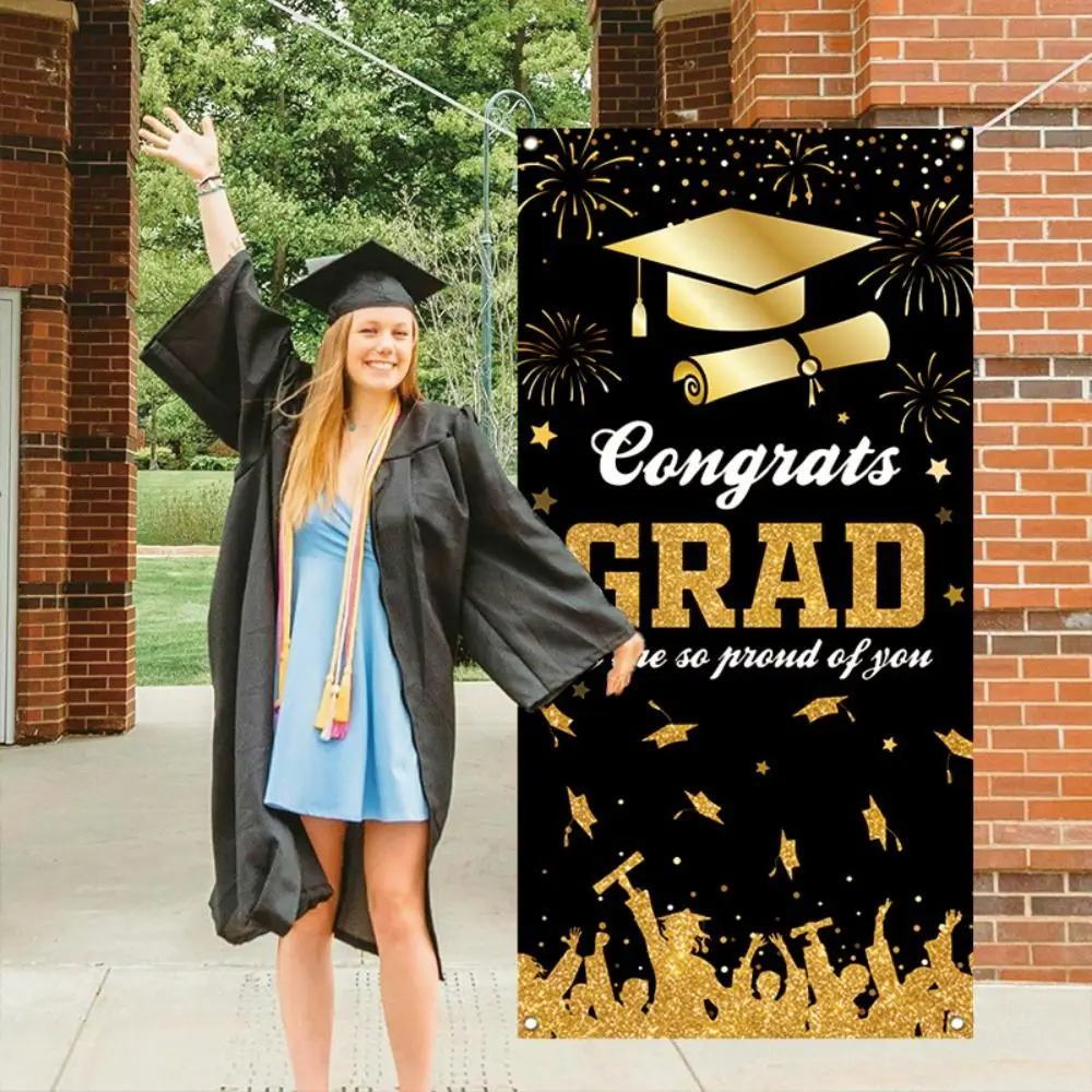 Czarne złoto Graduation Photography Backdrop 180x90cm Celebrate Graduates Theme Background Congrats Grad Polyester