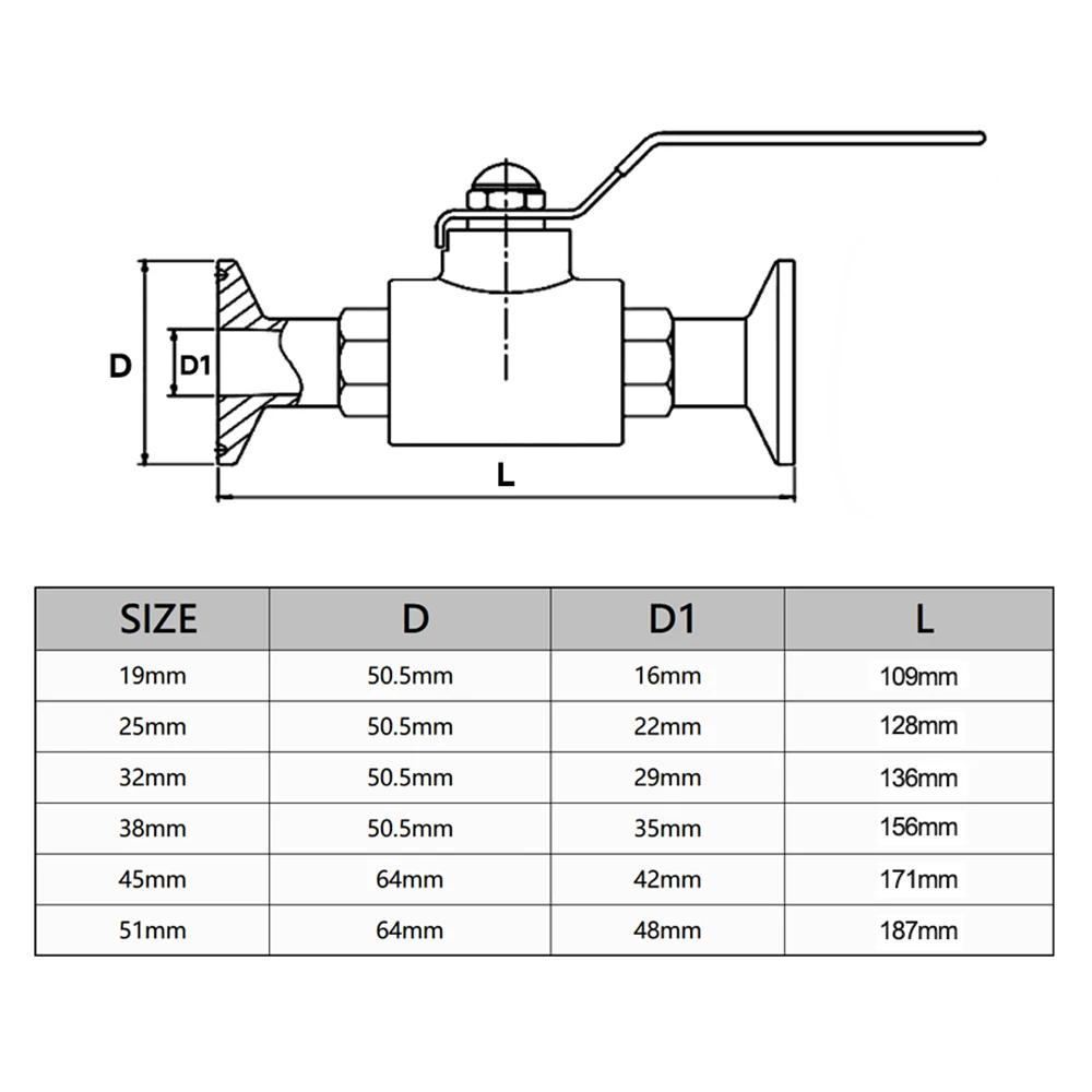 SS304 Stainless Steel Sanitary 3 Way Ball Valve - 19-51mm T/L Port Ferrule Tri Clamp 1.5