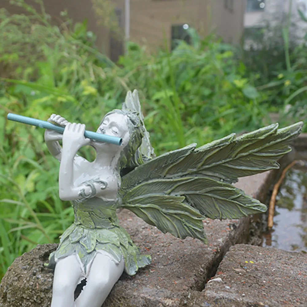 Creative Resin Craft Ornament Figurines With Wings Sit Figurine Fairy Statue Playing The Flute Outdoor Ornament Potted Plant