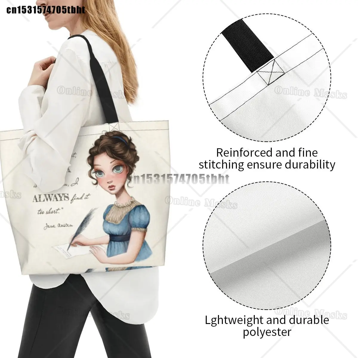 Personalizado jane austen escrita livro lona sacos de compras feminino reutilizável grande capacidade mantimentos escritor romance shopper sacolas