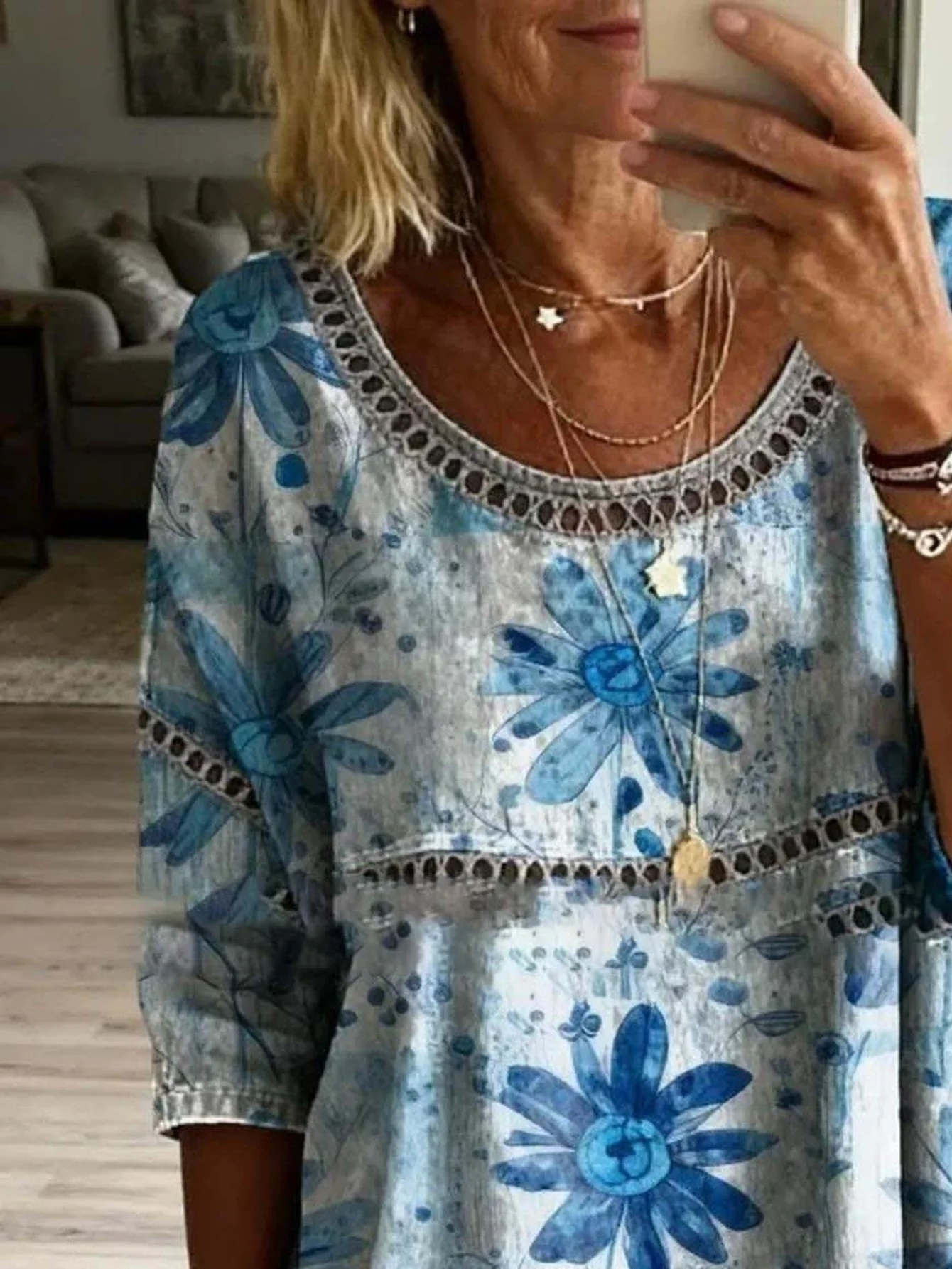 Women Plus Size Blouse 3D Floral Print Loose Fit Long Sleeve Boho Tunic Top