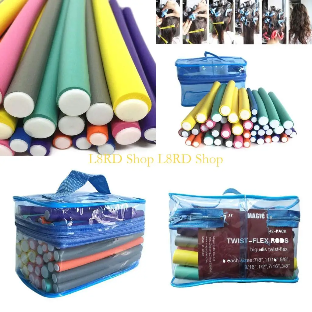 L8RD 42Pcs Flexible Curling Rods Curler Rod Twist-flex Hair Roller 7 Sizes Foam
