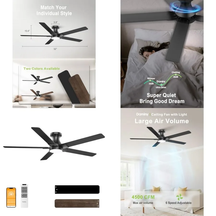

ch Ceilg Fans with Lights, 5 Blades, 6CCT, Low Profile, Remote Control, for Bedroom, Kitchen, Living Room, Indoor/Outdoor Use,