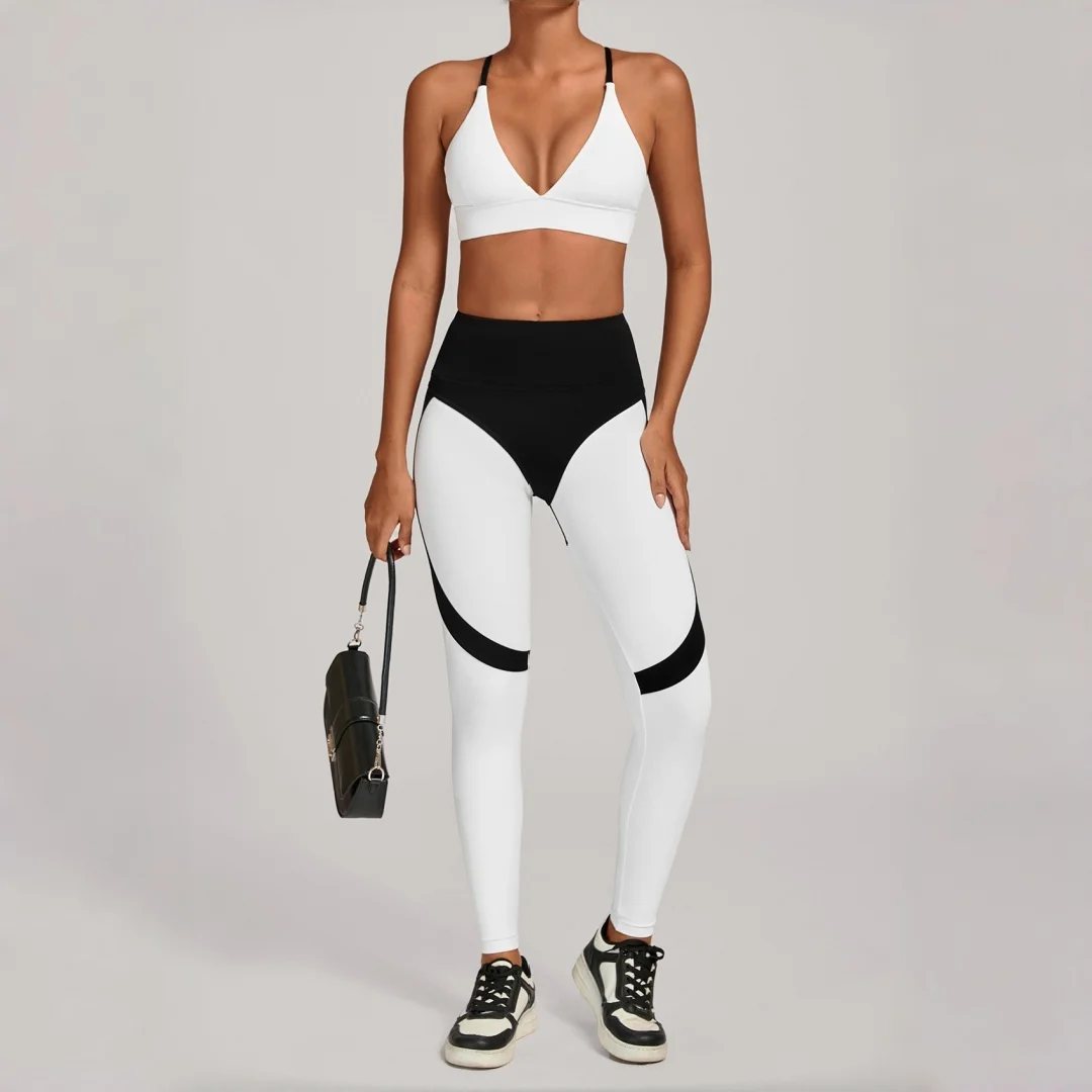 

Women's High-Waist Peach Hip Yoga Suit Tight Cross Spliced Color Sports 2pc Set Fitness Running Workout Clothing Gym Sportswear