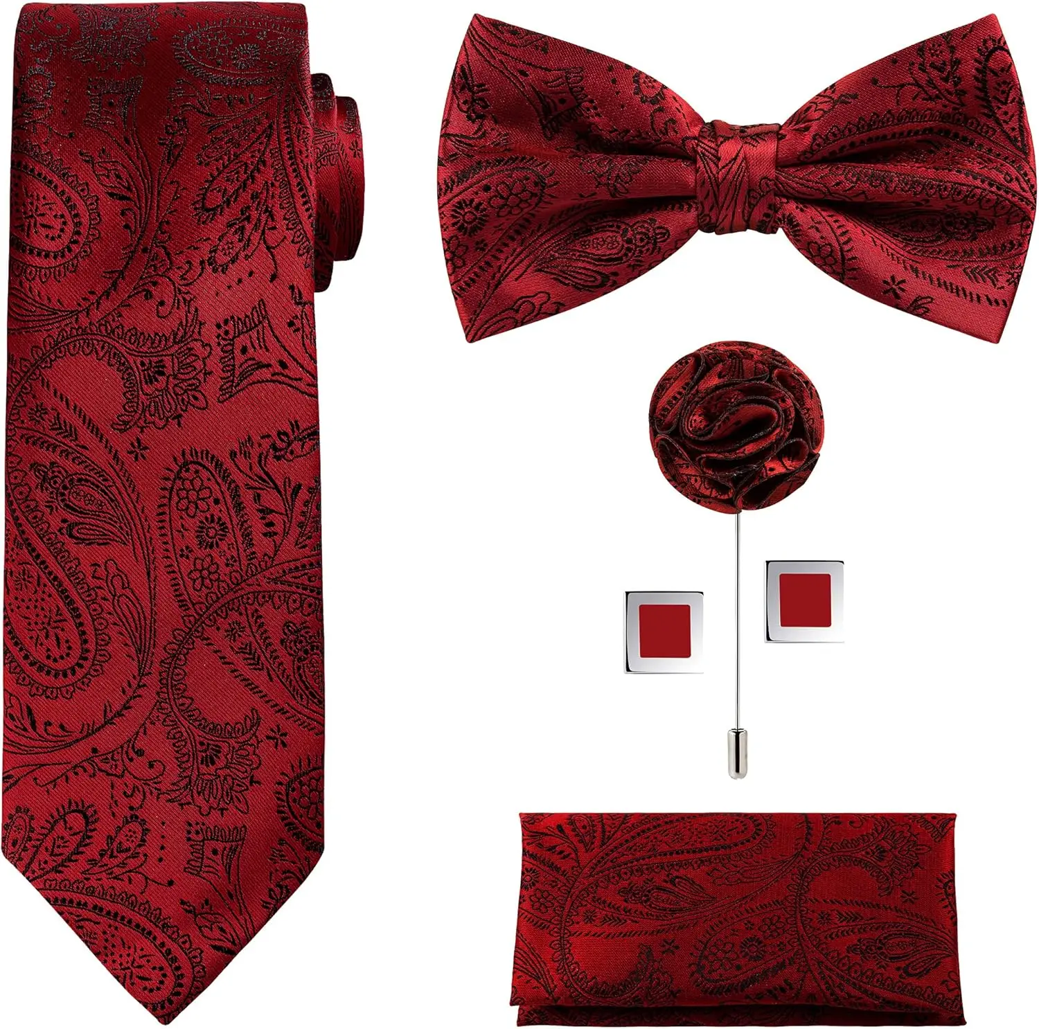 

5-Piece Tie Set in White or Black Gift Box: Necktie, Bow Tie, Pocket Square, Lapel, Cuff Links