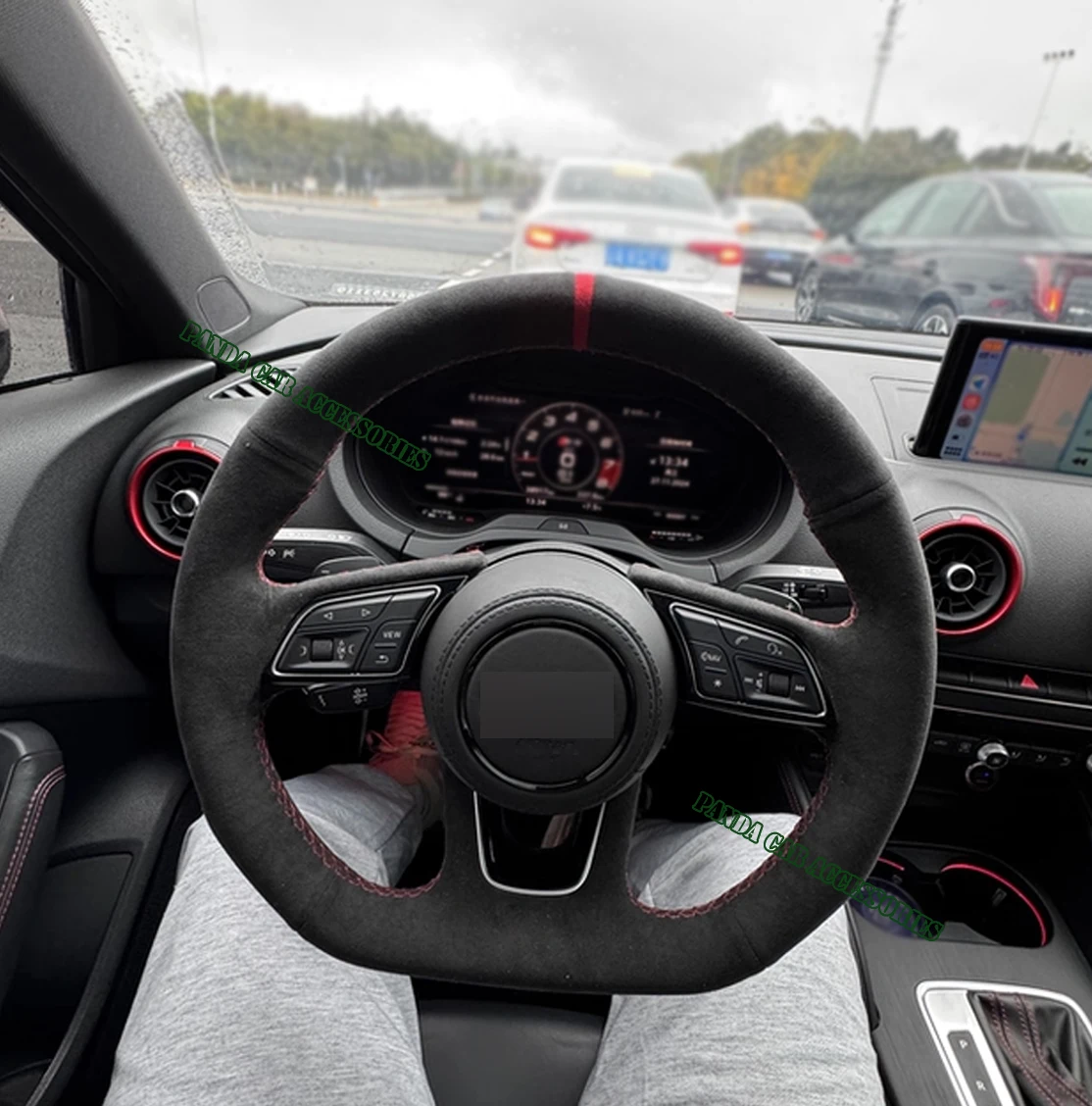 Genuine Leather 9002 Suede Red Thread Steering Wheel Cover Wrap Car Accessoires Specifically for Audi A3 A5 S3 S4 S5 2017-2019
