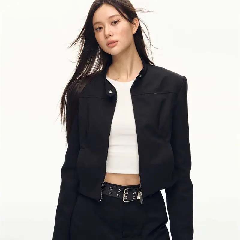 Retro Sweet Cool Women's Crop Outerwear Spring Black Jacket Stand Collar Slim Design Stylish Bomber Jacket Top
