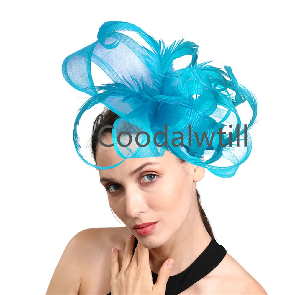 Large Flower Wedding Fascinator Feather Hat Hair Clip Women Female Church HeaDwea Kentucky Party Pillbox Cap Ladies Hatinator