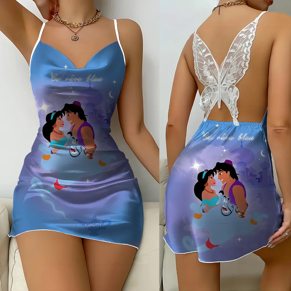 

New back lace butterfly nightdress ladies backless fashion casual dress summer Disney Princess Jasmine print sexy nightgown