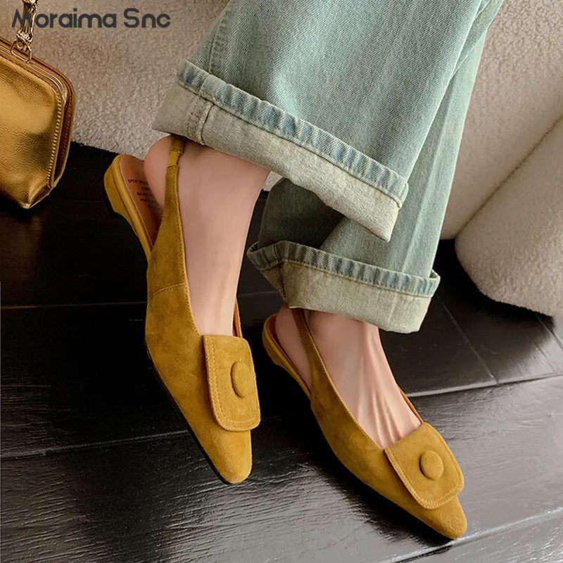 

Retro Square Toe Button Sandals for Summer Inside and Outside Full Leather Toe Cap Empty Back Sandals Fashionable Women's Shoes
