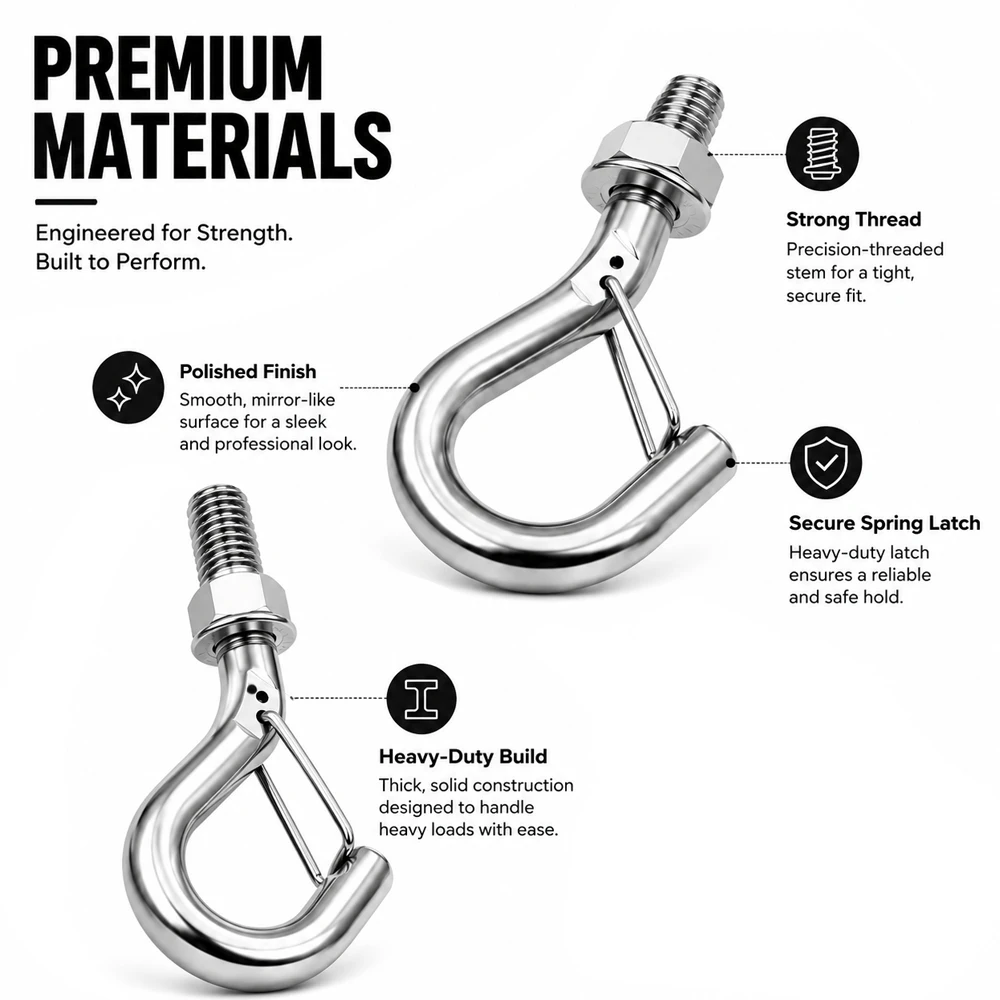 316 Stainless Steel Lifting Hook with Locking Buckle Threaded Nut Widely used M3-M10 Safety Hook for Heavy-Duty Ships