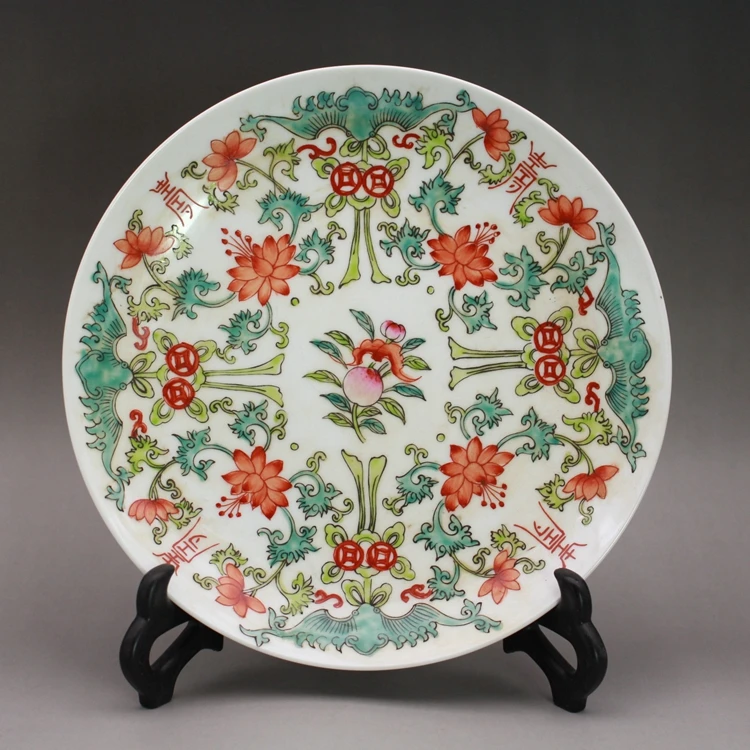 Late Qing Dynasty Guangxu Hand-painted Pastel Lucky Longevity Continuous Plate Decoration Handmade Antique Ceramics Collection