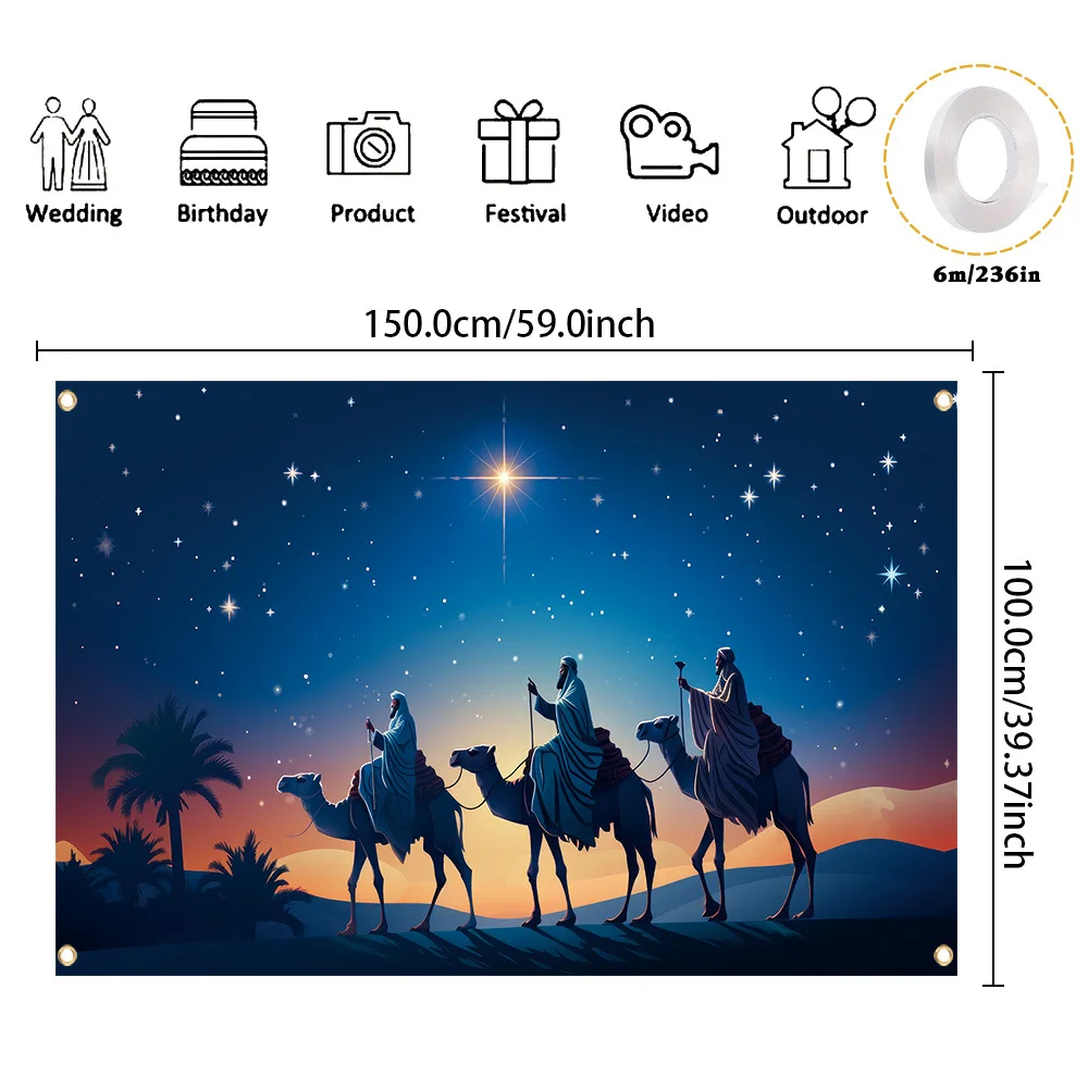 قطعة واحدة، لافتة فرح عيد الميلاد من البوليستر، رحلة مقدسة تقليدية وثلاثة رجال حكماء، ديكور حائط للعطلات، المنزل، المطبخ