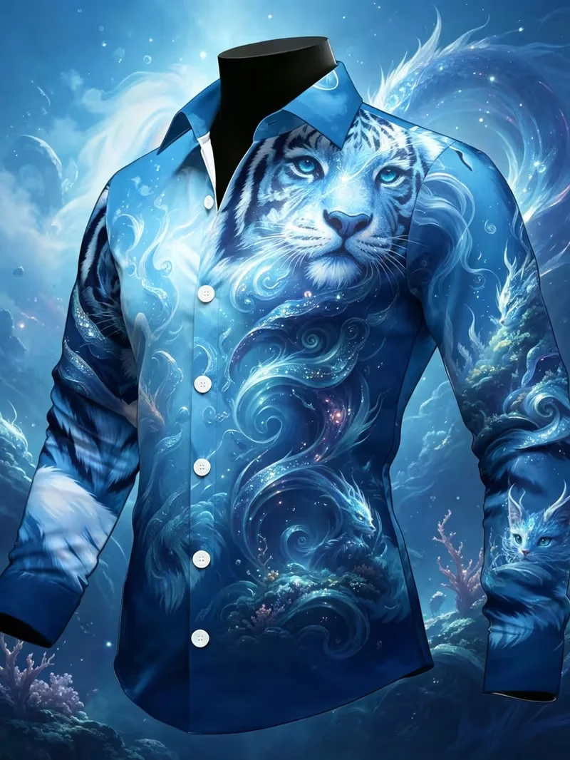 New 3D Printed Long Sleeved Shirt With Deep Sea Starry Sky  White Tiger  Spirit Cat  Wave Pattern For men's Top