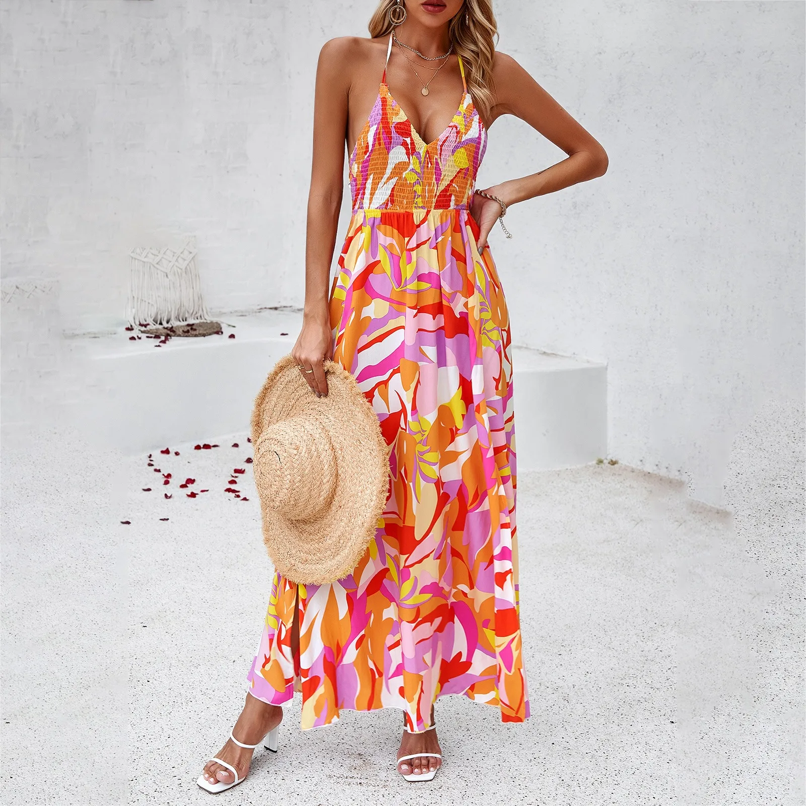 DYKR 2025 Summer Dresses Wholesale for Women Leisure Vacation Printed Suspender Floral Dress Vestidos De Fiesta Pedreria Traf