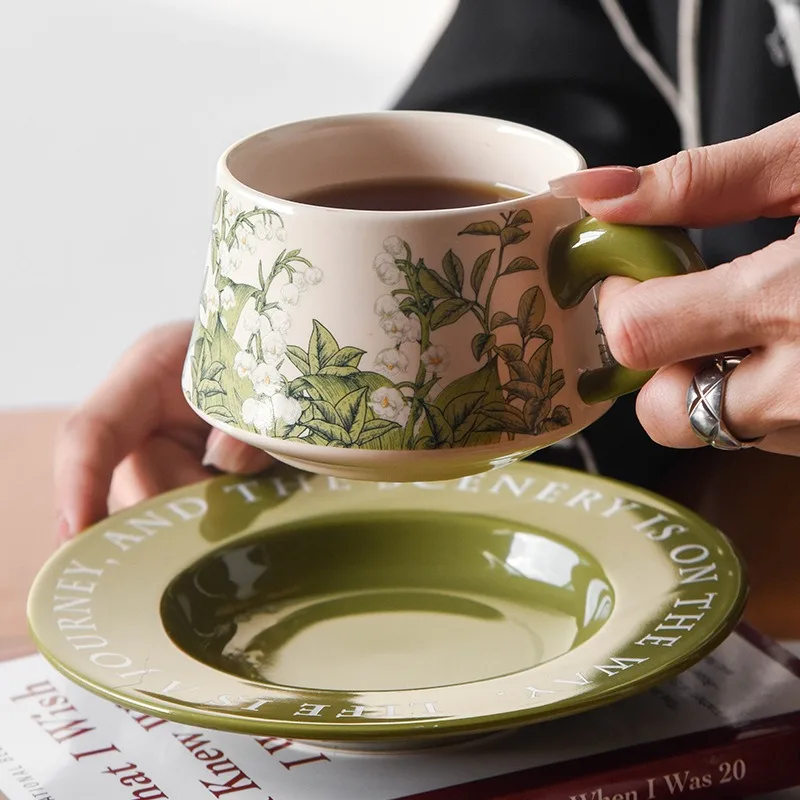 Retro American Ceramic Mugs Hand-painted Coffee Cups Green Bell Orchid Cup and Saucer Kitchen Plates Drinking Afternoon Tea Mug